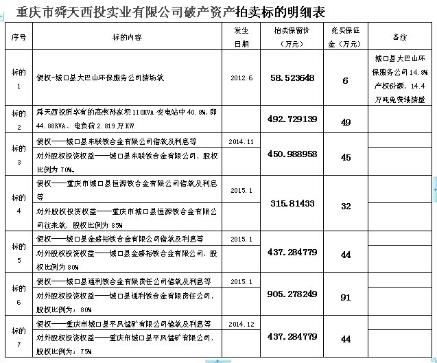 重慶市舜天西投實業(yè)有限公司破產(chǎn)資產(chǎn)司法拍賣公告